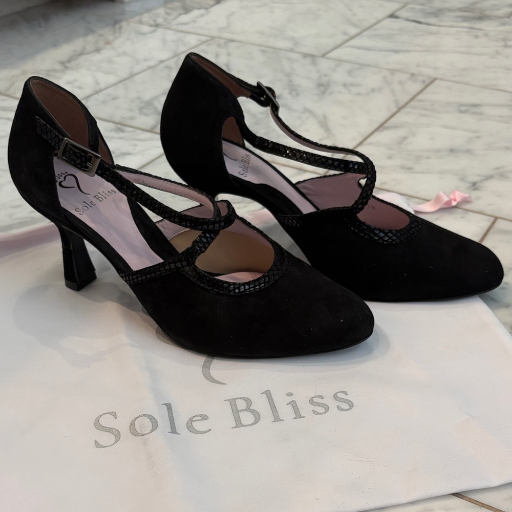 Sole Bliss Meredith strapped heels in black suede/snack.